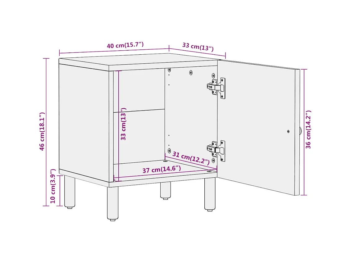 Comodino 40x33x46 cm in Legno Massello di Mango