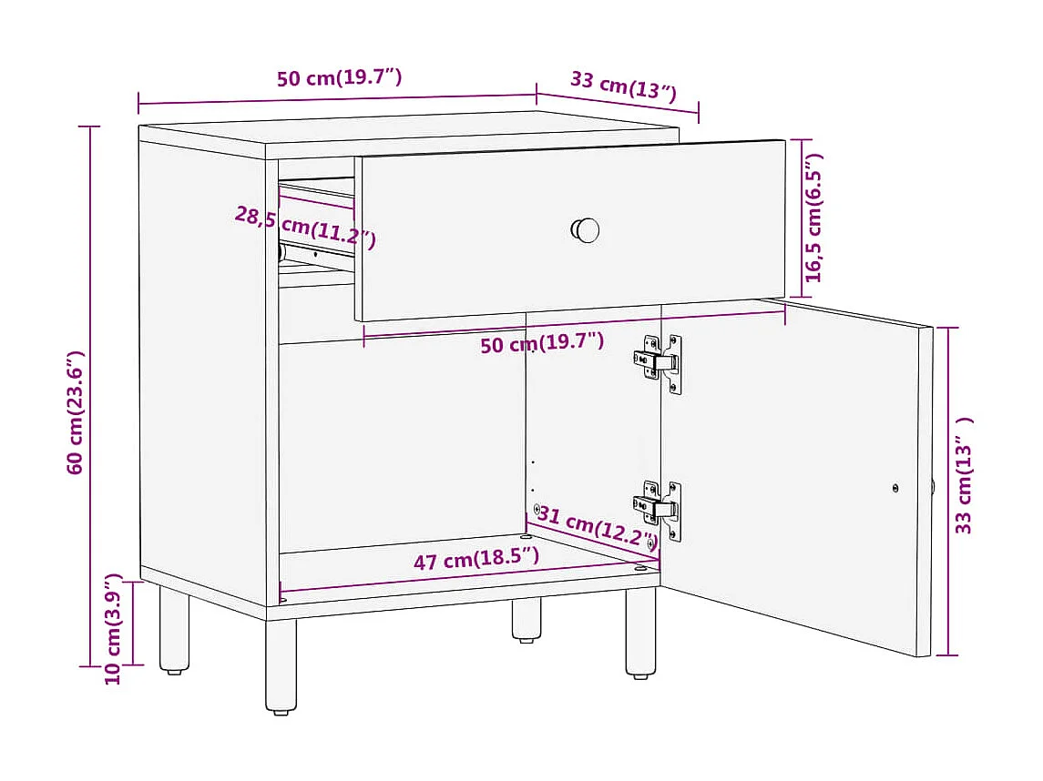Table de chevet 50x33x60 cm bois de manguier massif