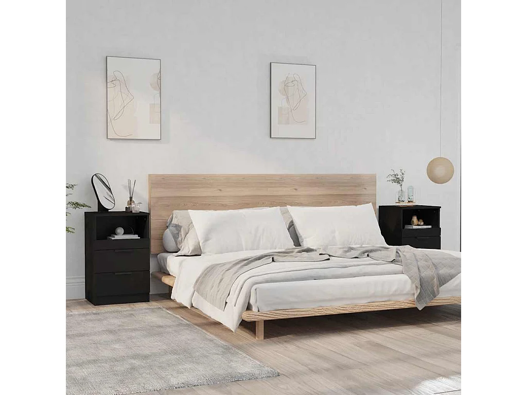 Tables de chevet 2 pcs Noir Bois d'ingénierie