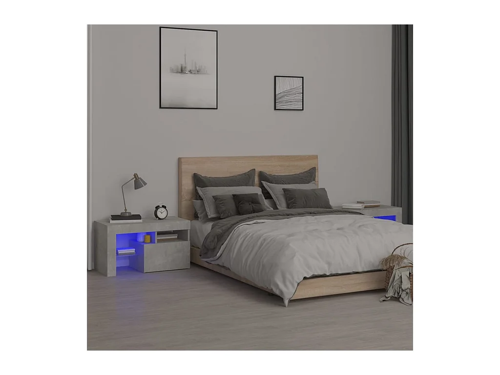 Comodini 2 pz con Luci a LED Grigi Cemento 70x36,5x40 cm