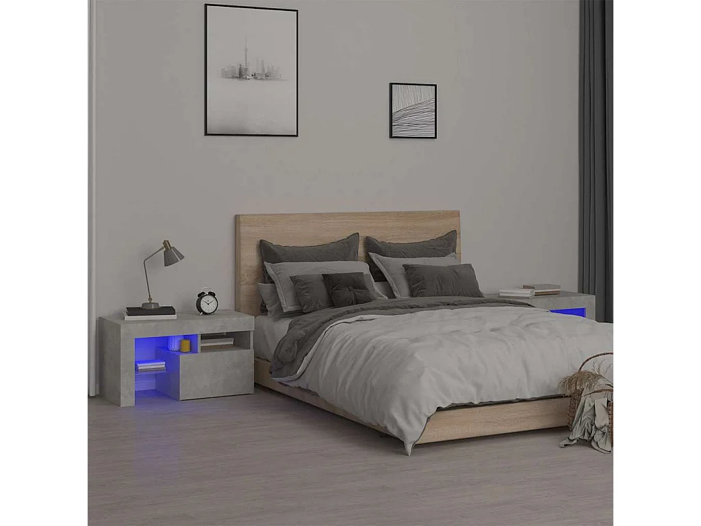 Nachtkastjes 2 st LED-verlichting 70x36,5x40 cm betongrijs