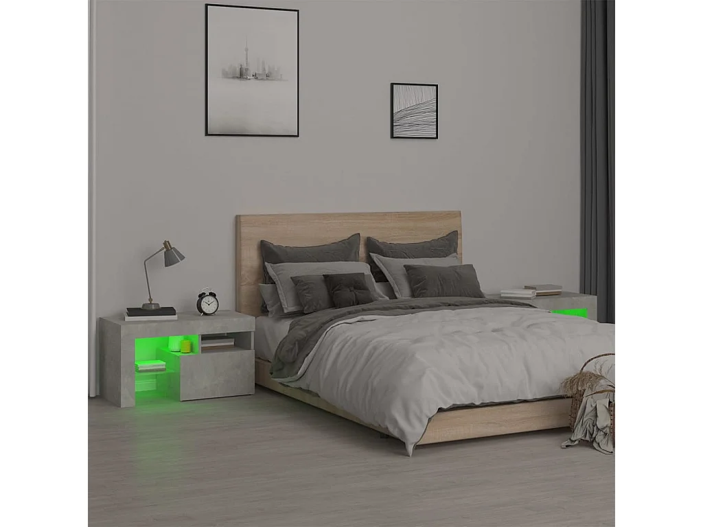 Nachtkastjes 2 st LED-verlichting 70x36,5x40 cm betongrijs