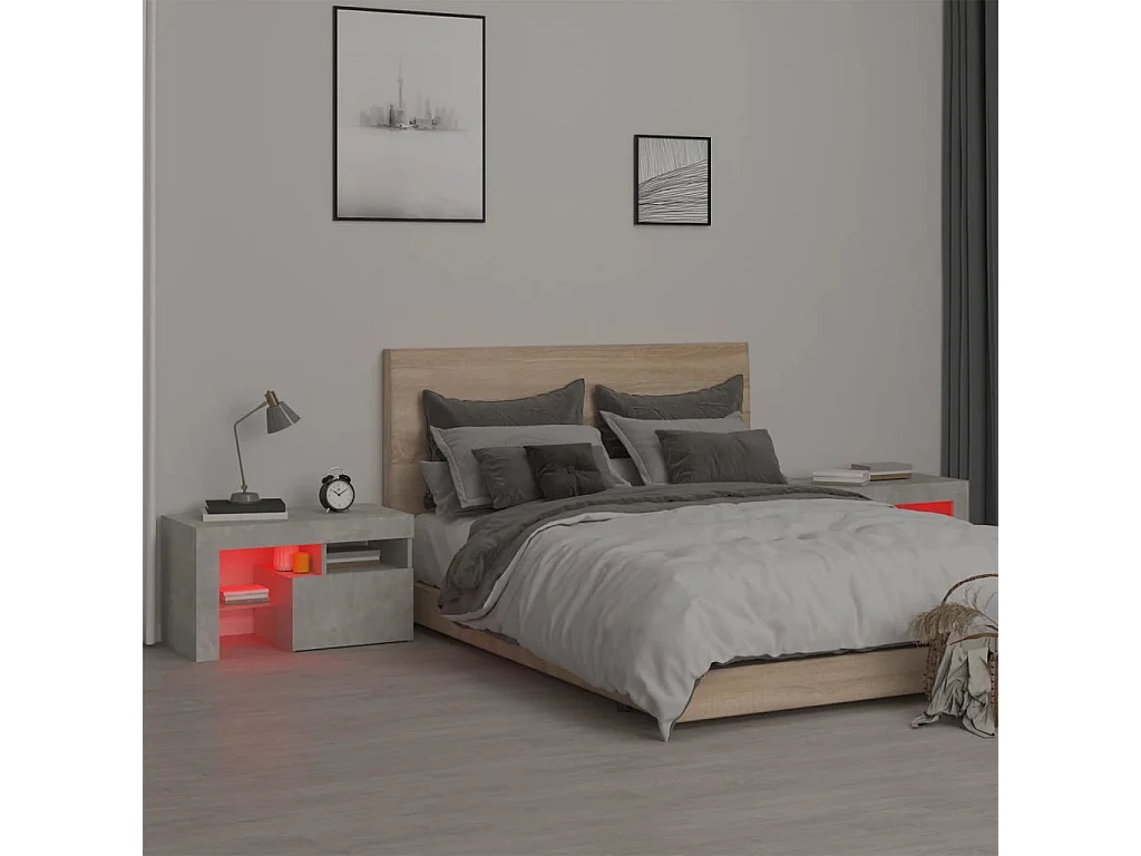 Nachtkastjes 2 st LED-verlichting 70x36,5x40 cm betongrijs