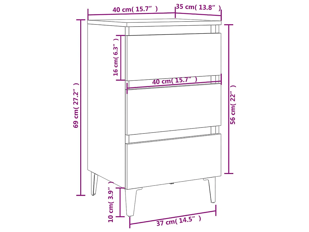 Comodino con Gambe in Metallo Nero 40x35x69 cm