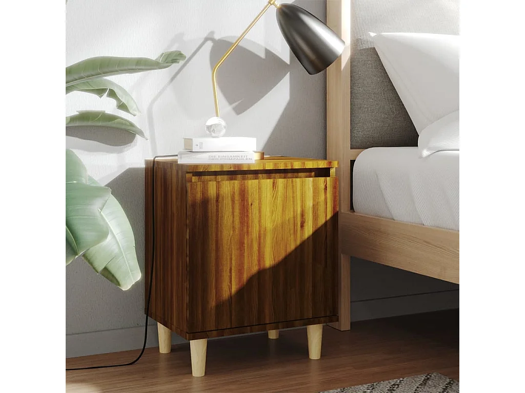 Mesita de noche con patas madera maciza marrón roble 40x30x50cm