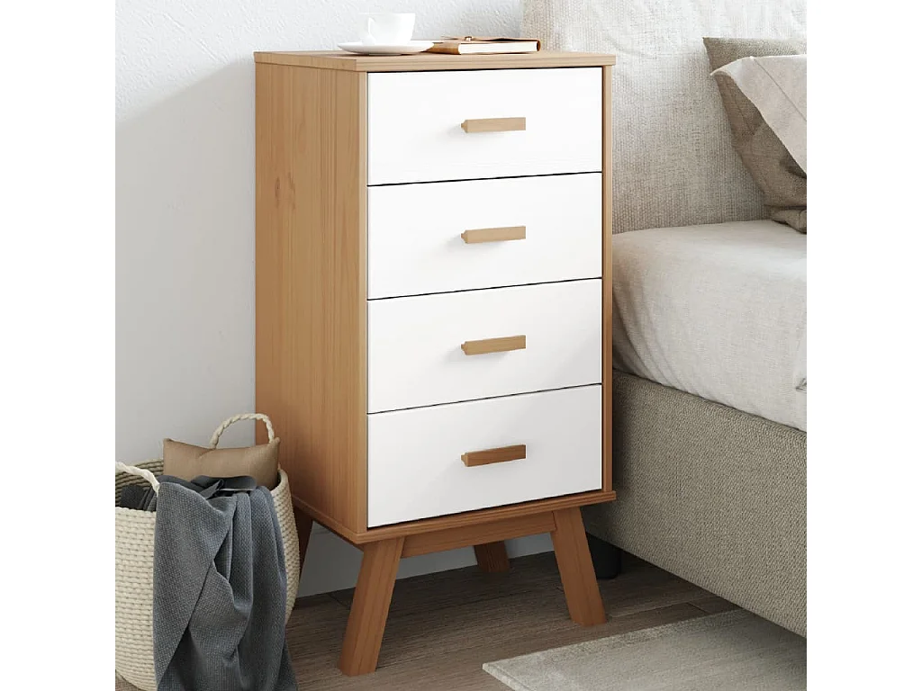 Comodino OLDEN Bianco e Marrone in Legno Massello di Pino