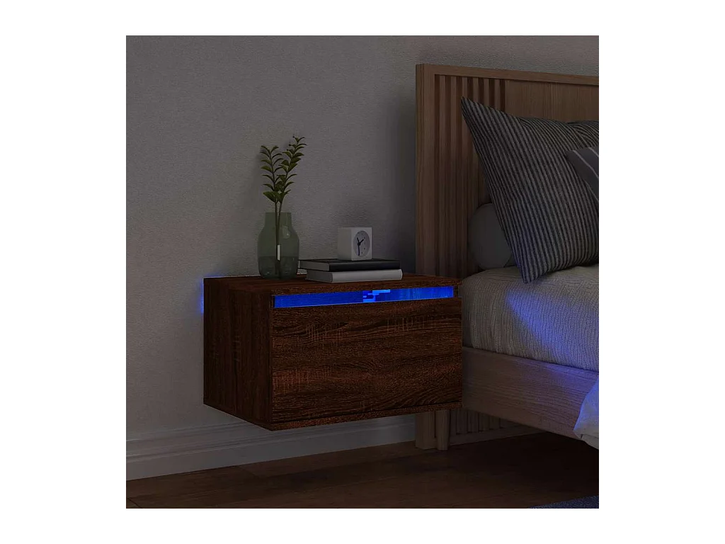 Table de chevet murale avec lumières LED chêne marron