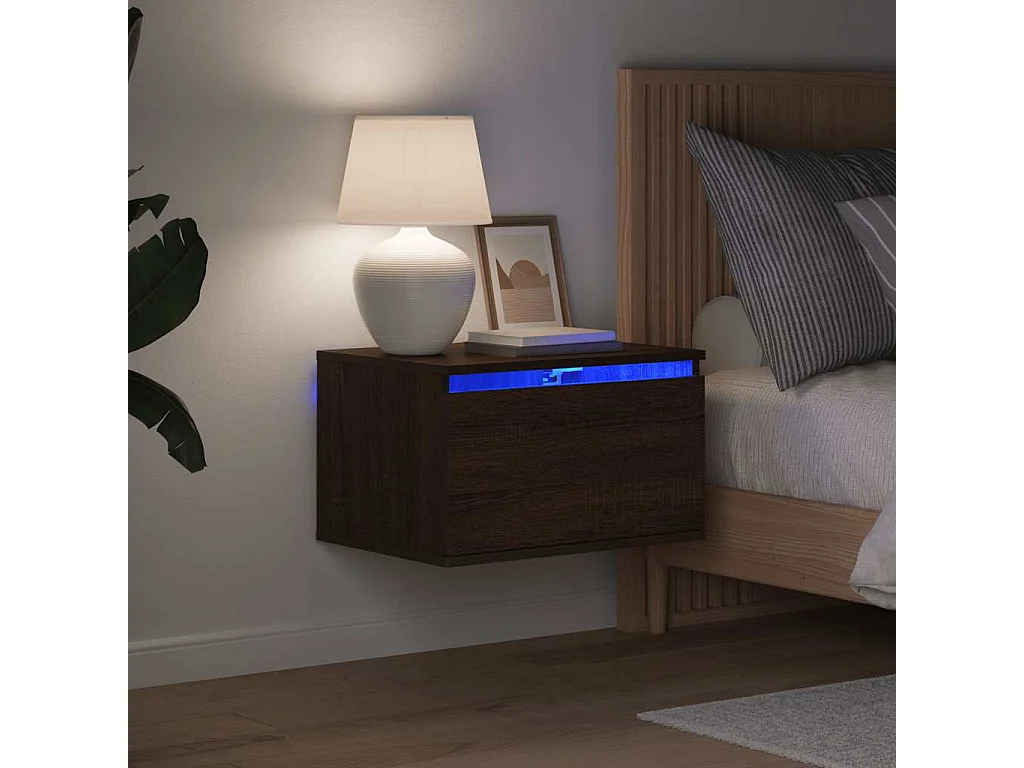 Comodino a Parete con luci LED Rovere Marrone