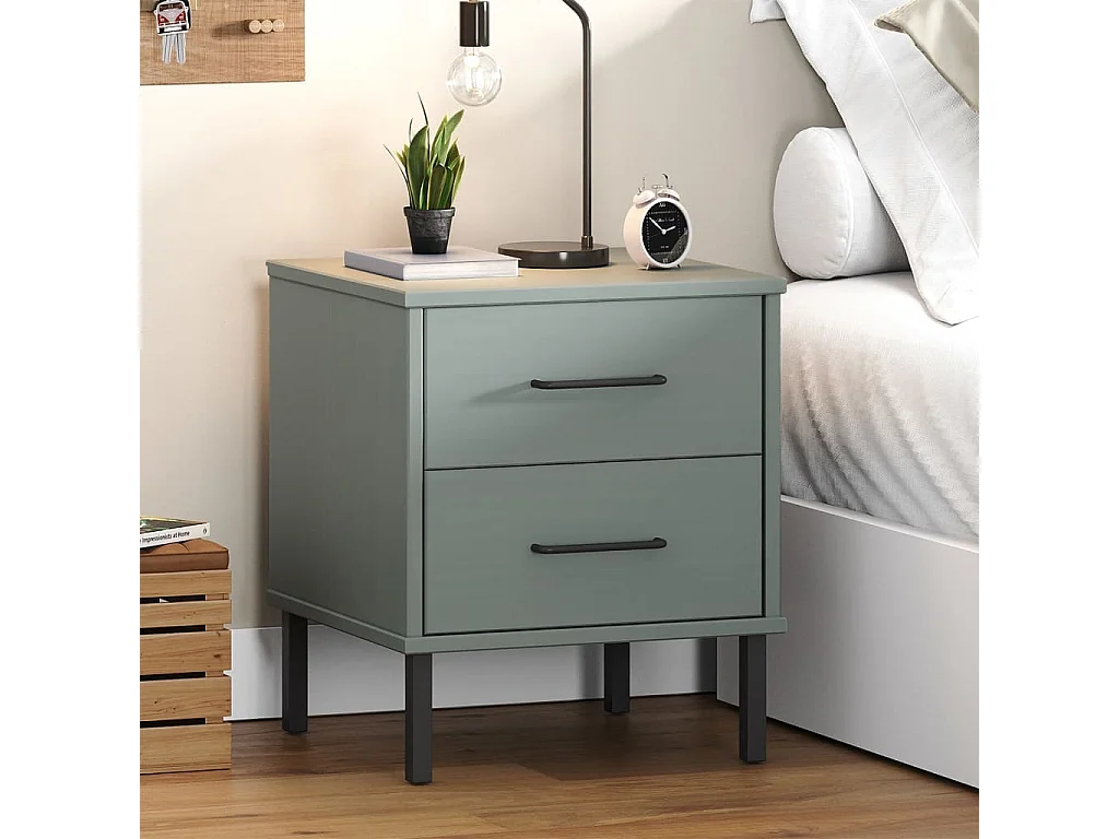 Nachtkastje met metalen poten OSLO massief grenenhout grijs