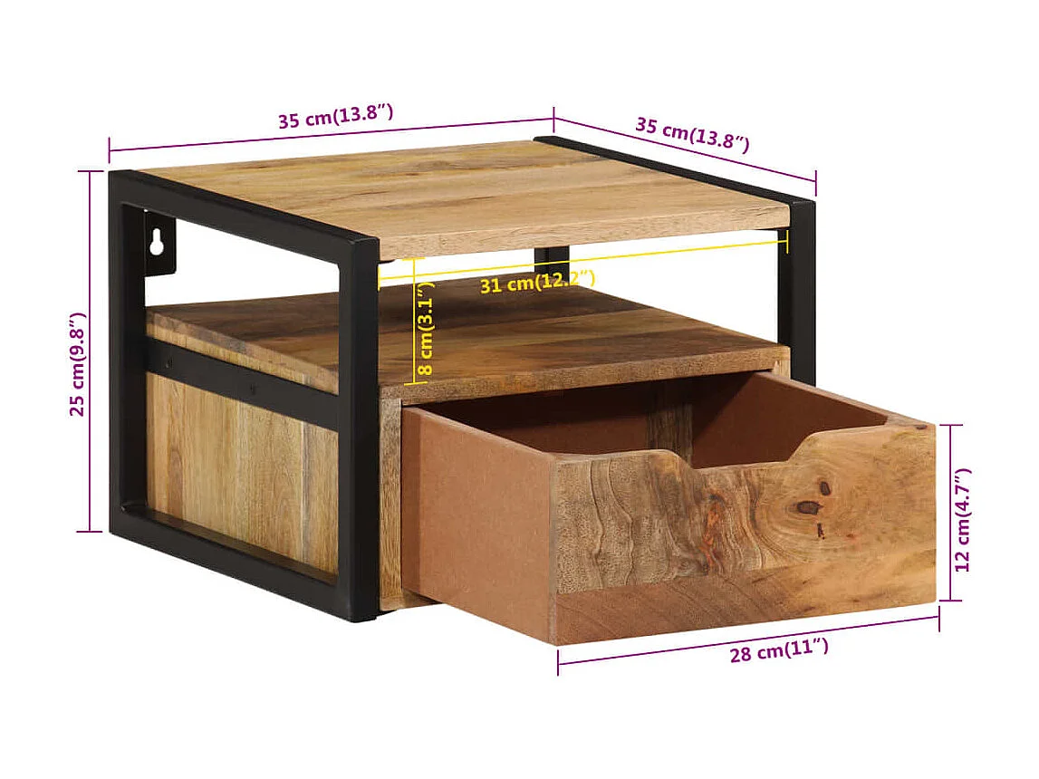 Table de chevet murale 35x35x25 cm bois d'acacia solide