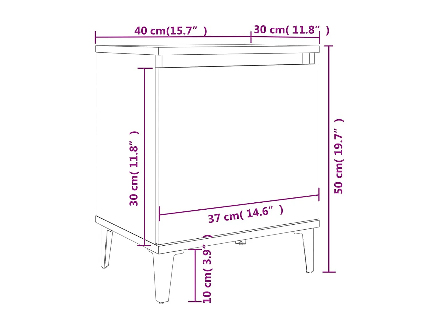 Table de chevet avec pieds en métal blanc 40x30x50 cm