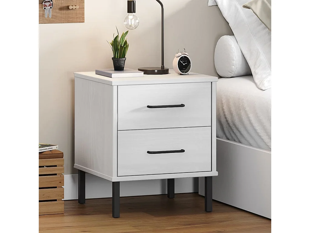 Table de chevet avec pieds en métal Blanc Bois pin massif OSLO