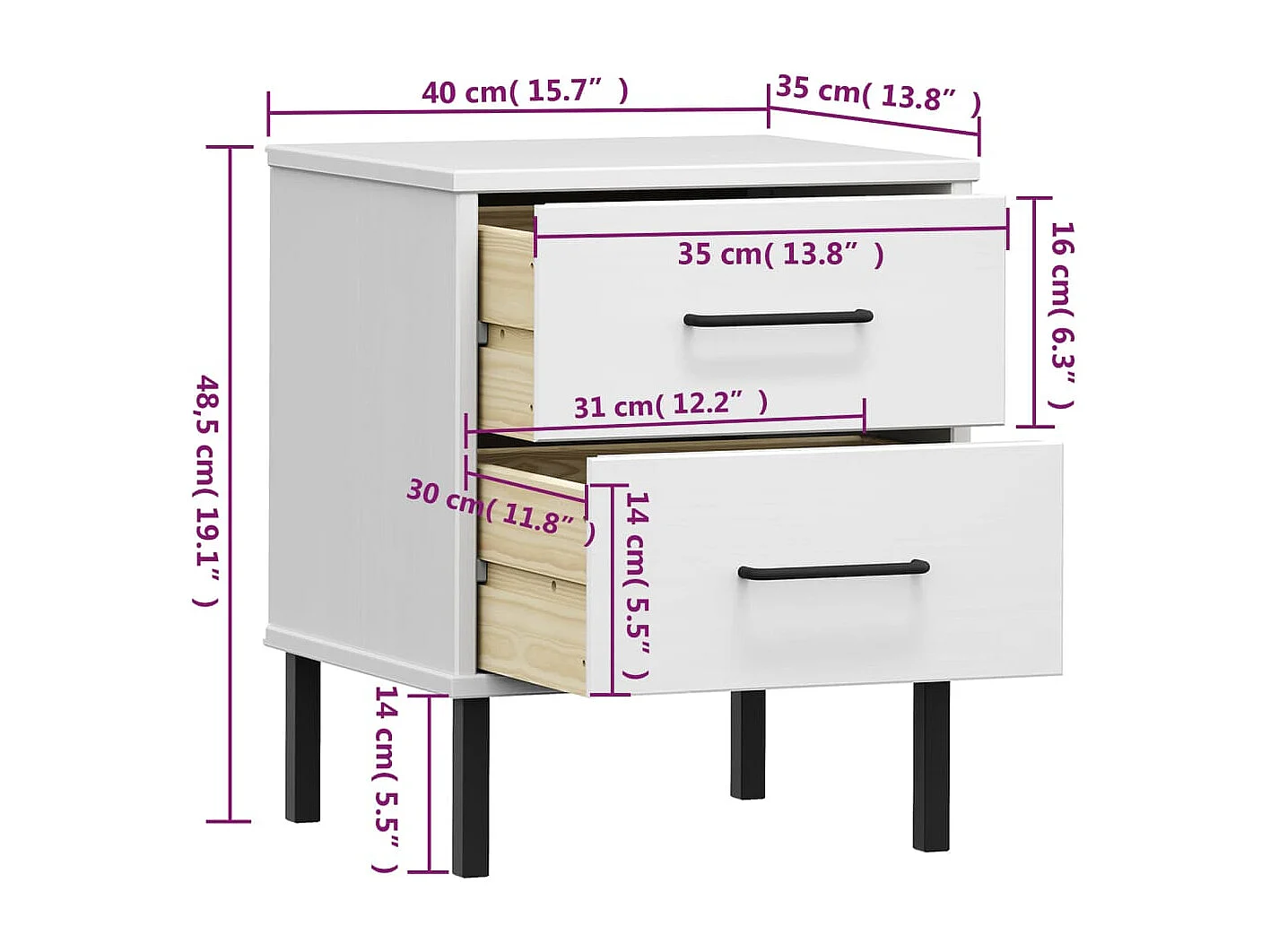 Table de chevet avec pieds en métal Blanc Bois pin massif OSLO