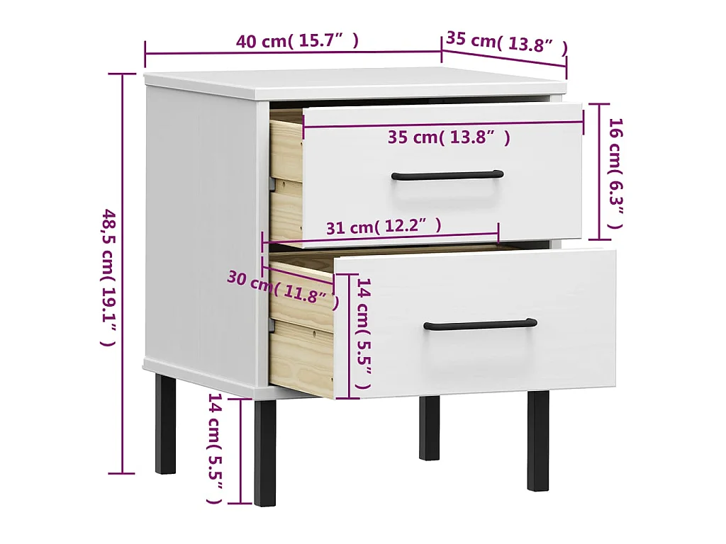 Table de chevet avec pieds en métal Blanc Bois pin massif OSLO
