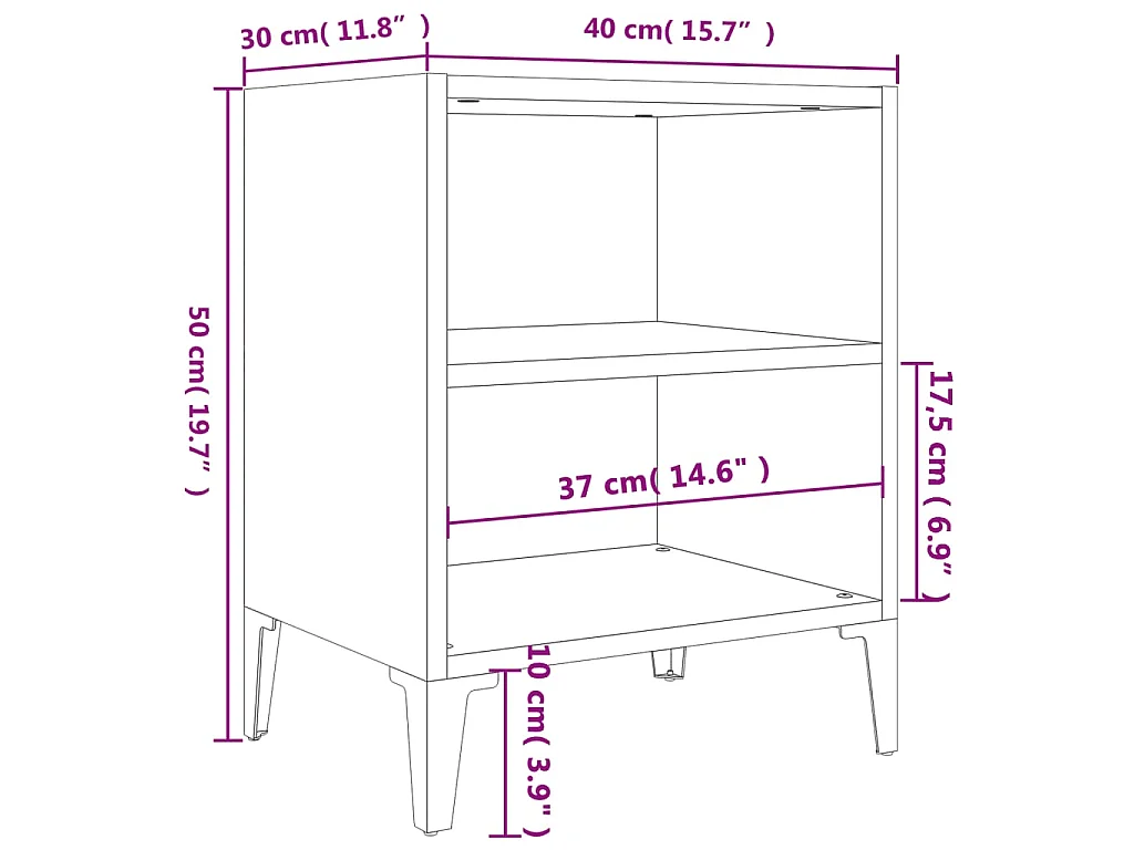 Comodino con Gambe in Metallo Bianco 40x30x50 cm