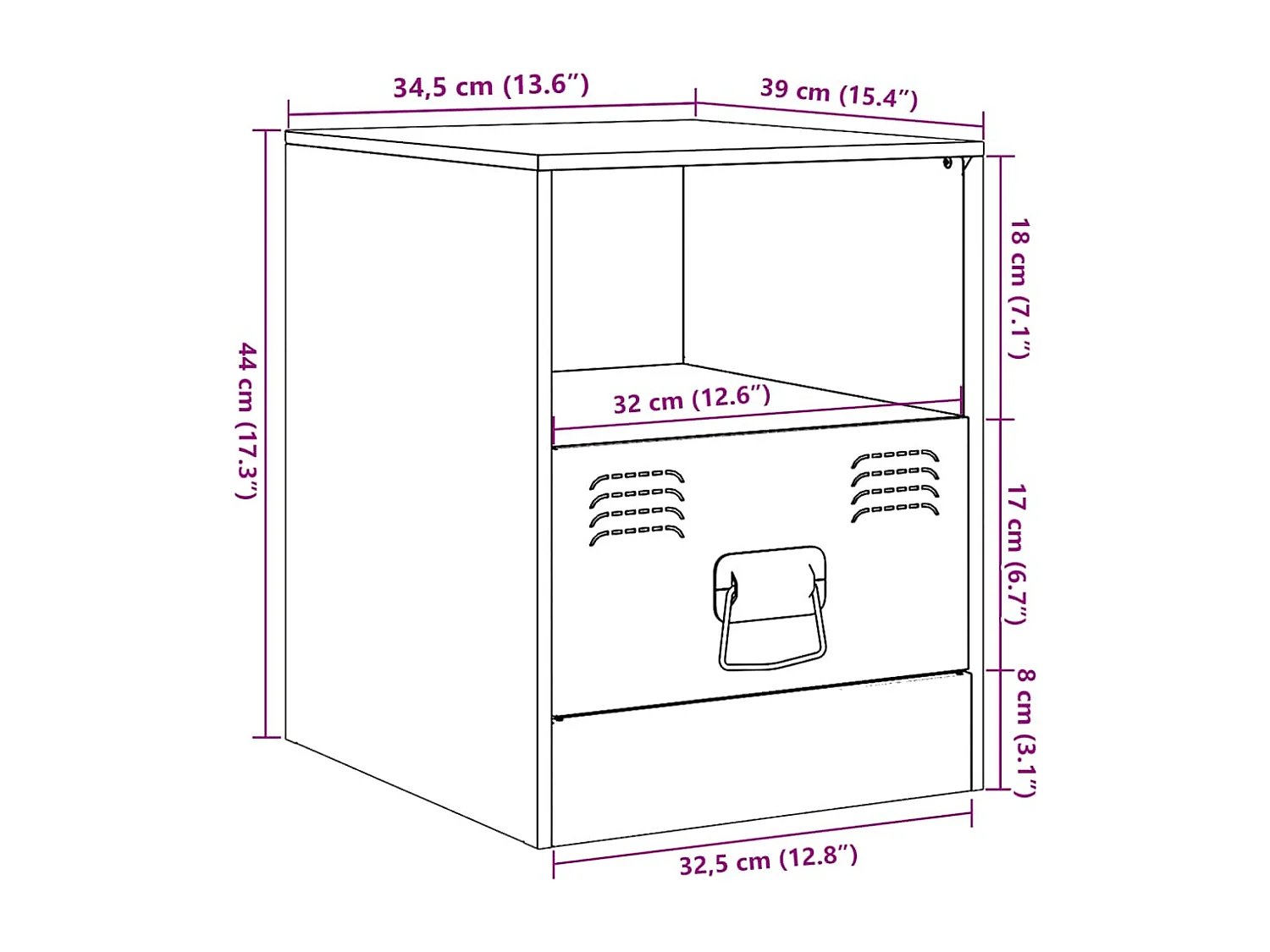 Table de chevet noir 34,5x39x44 cm acier