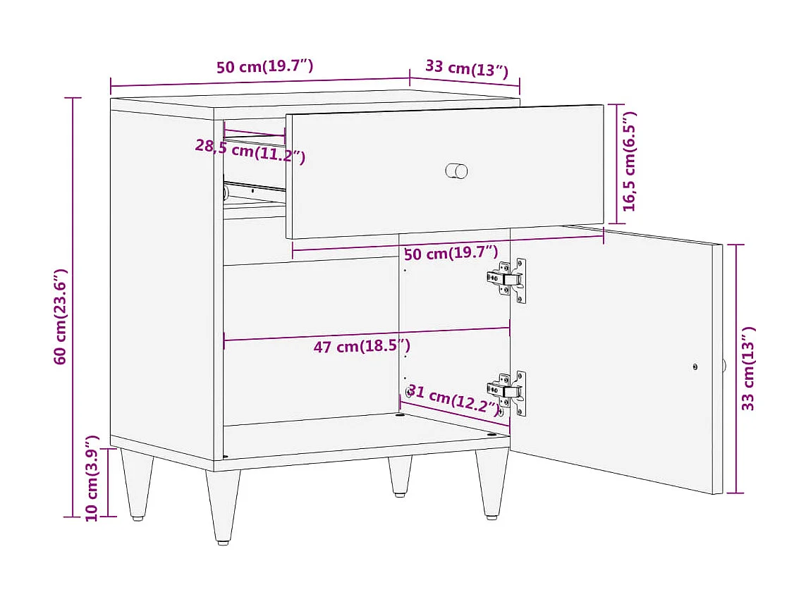 Table de chevet 50x33x60 cm bois de manguier massif