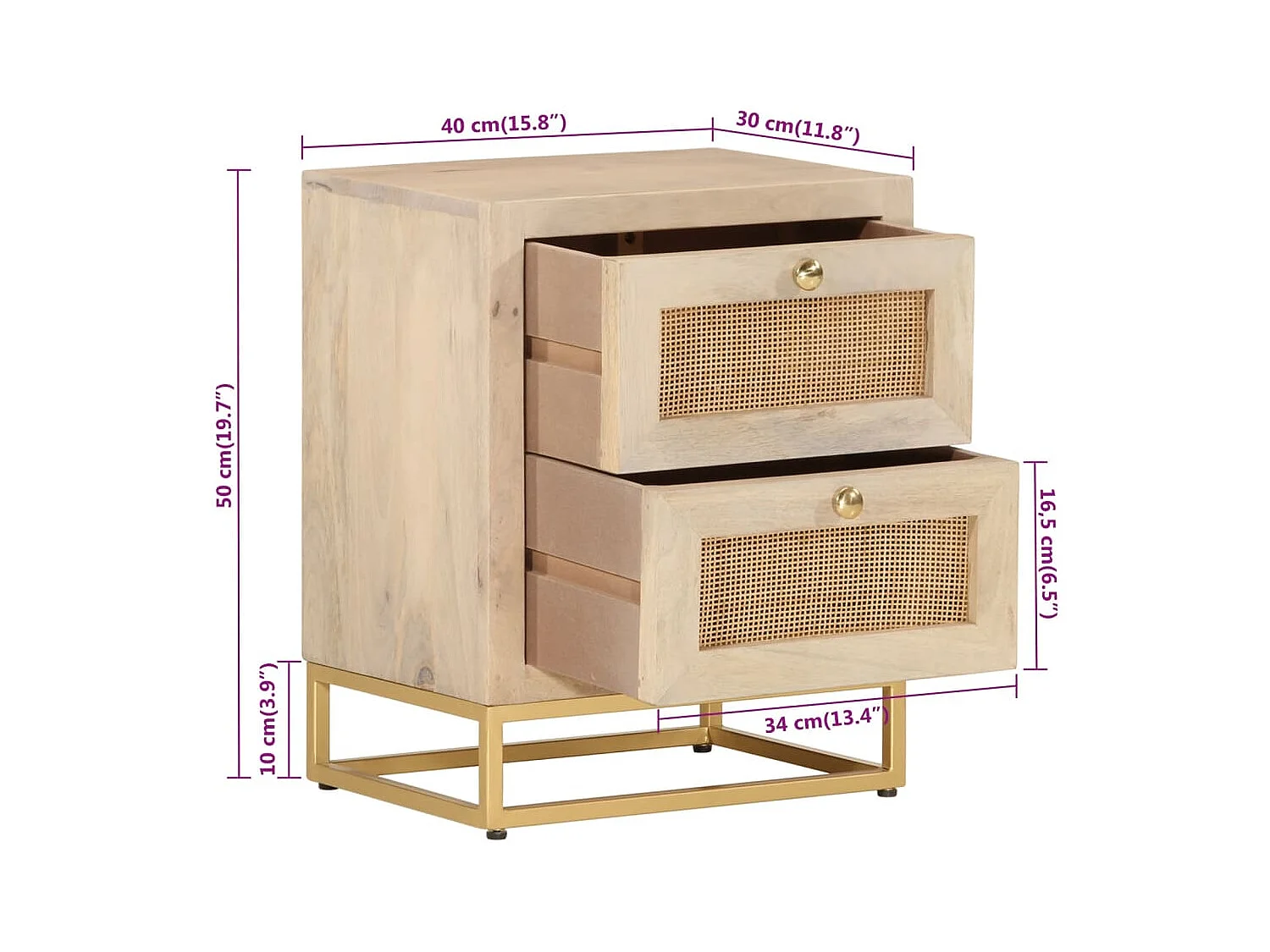 Table de chevet 40x30x50 cm bois massif manguier et fer