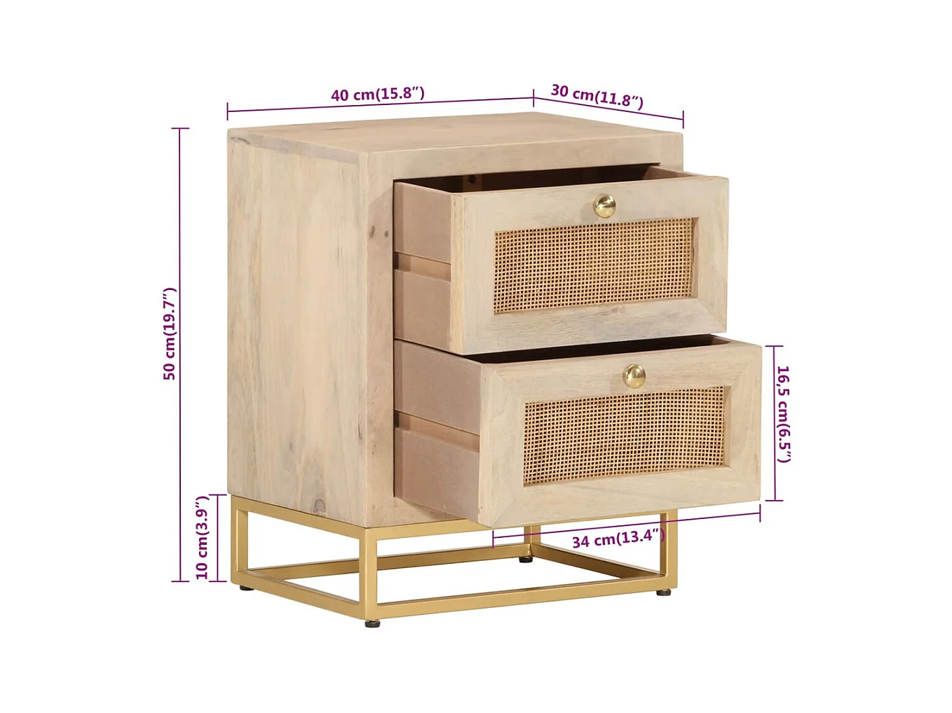 Comodino 40x30x50 cm in Legno Massello di Mango e Ferro