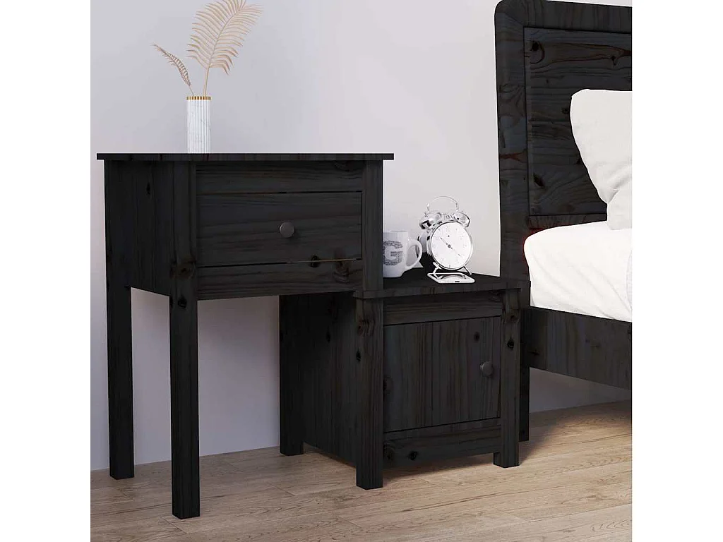 Comodino Nero 79,5x38x65,5 cm in Legno Massello di Pino