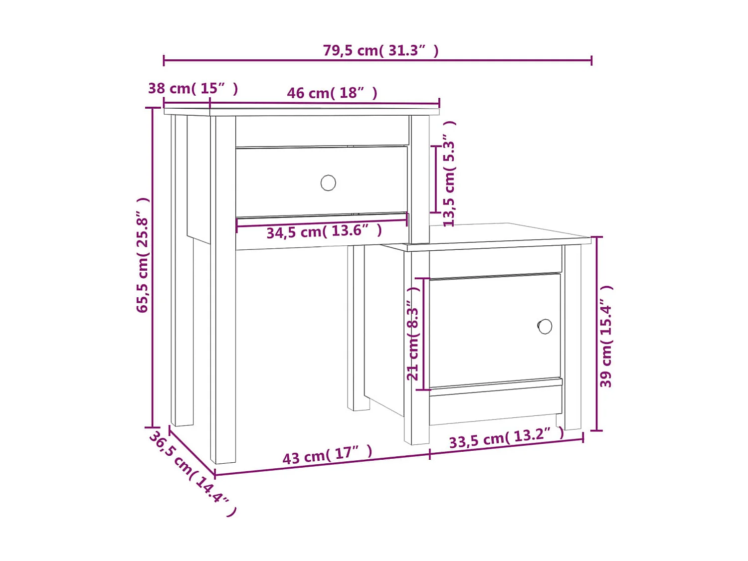 Comodino Nero 79,5x38x65,5 cm in Legno Massello di Pino