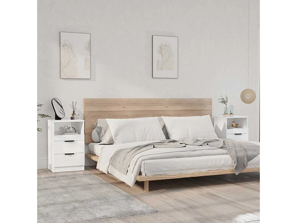 Mesas de cabeceira 2 pcs madeira processada branco brilhante