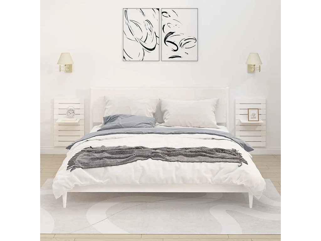 Étagères de chevet murales 2 pcs Blanc Bois de pin massif
