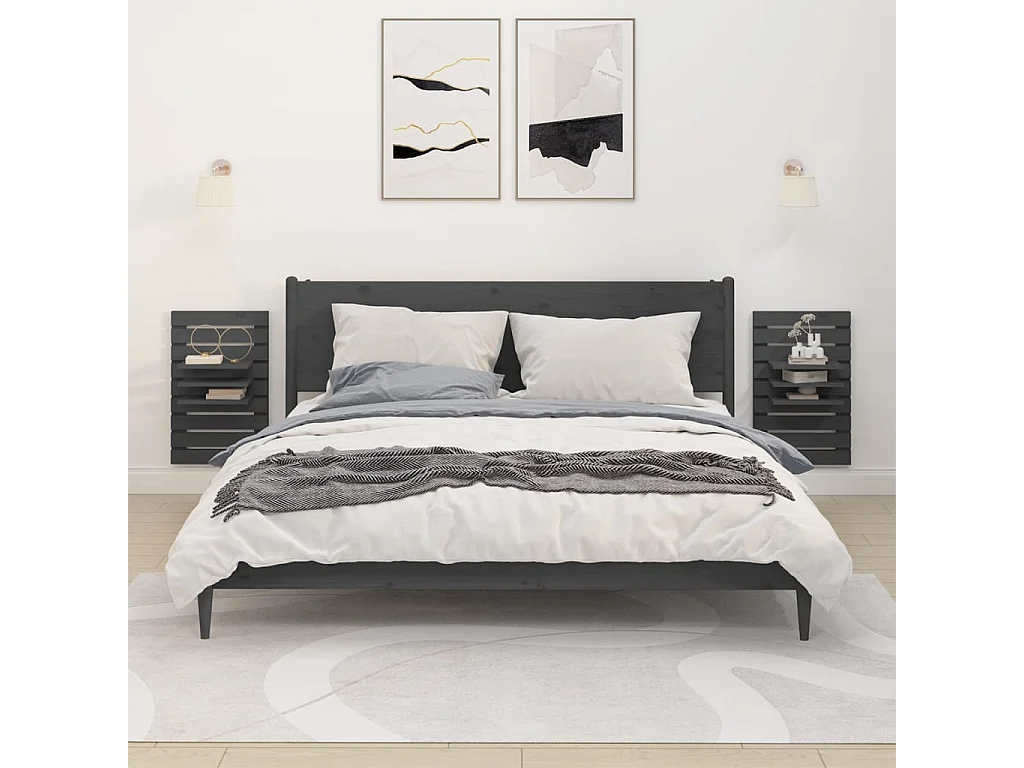 Mensole da Letto a Parete 2 pz Grigio Legno Massello di Pino