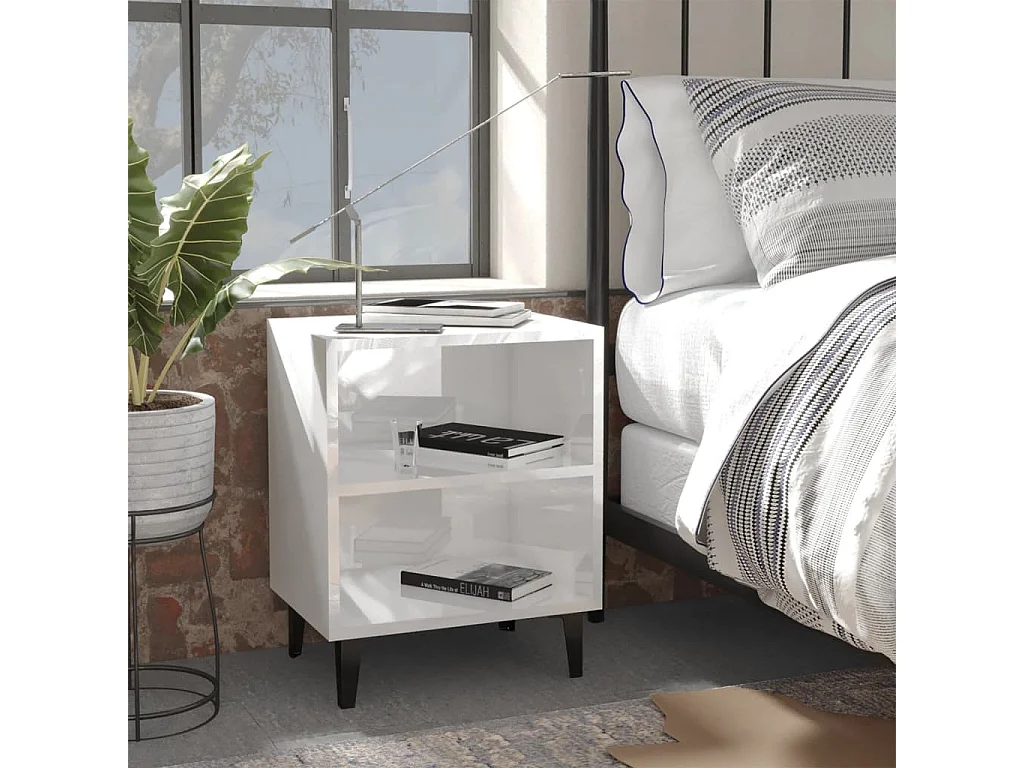 Tables de chevet pieds en métal 2 pcs blanc brillant 40x30x50cm