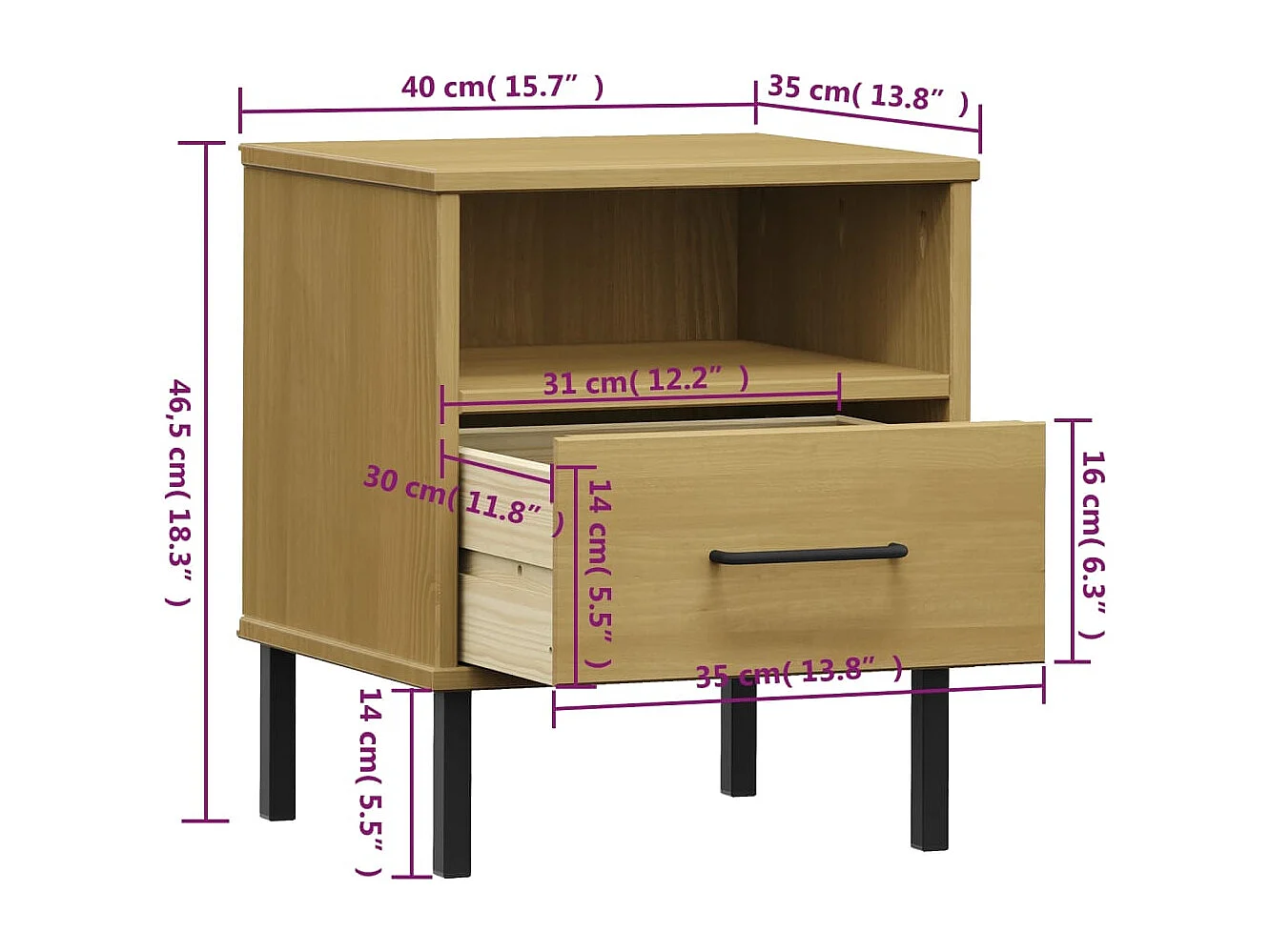 Mesa cabeceira c/ pernas de metal OSLO pinho maciço castanho