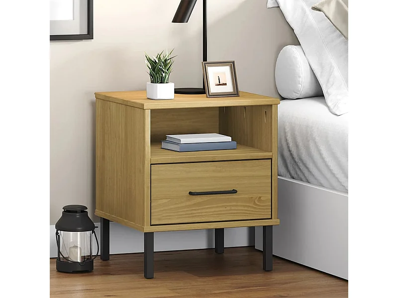 Mesa cabeceira c/ pernas de metal OSLO pinho maciço castanho