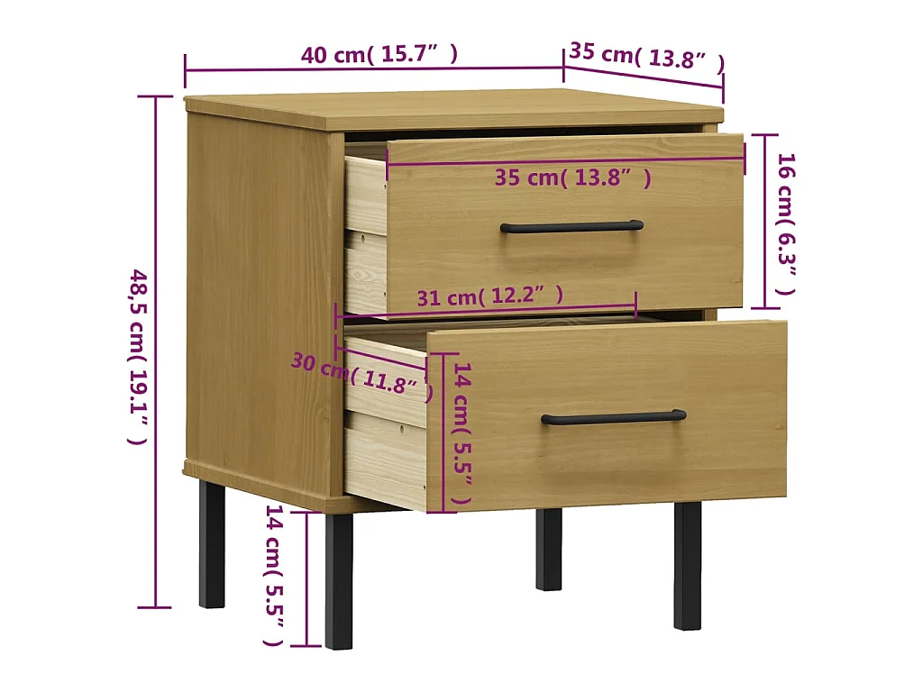 Comodino con Gambe in Metallo Marrone Legno Massello Pino OSLO