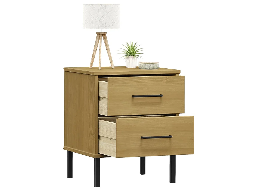 Comodino con Gambe in Metallo Marrone Legno Massello Pino OSLO