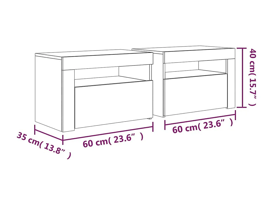 Comodini 2 pz con LED Bianchi 60x35x40 cm
