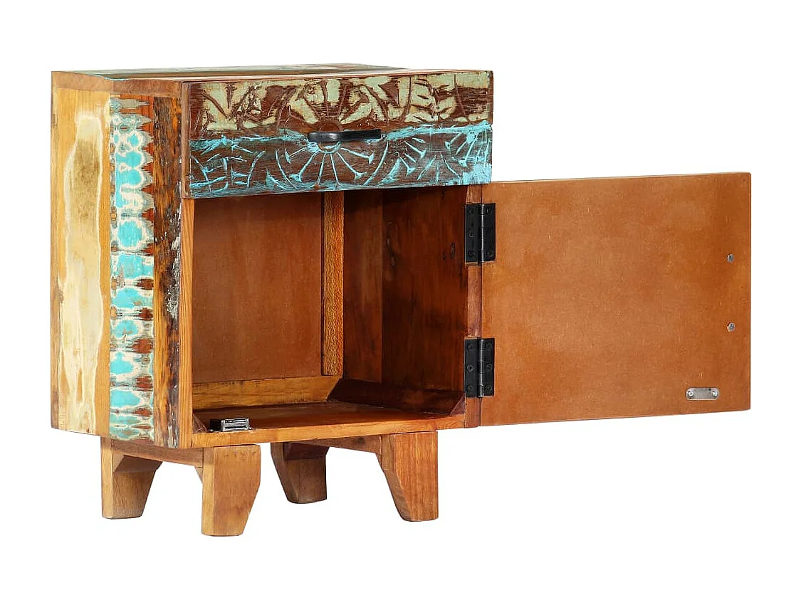 Mesa cabeceira esculpida à mão 40x30x50 cm madeira recuperada