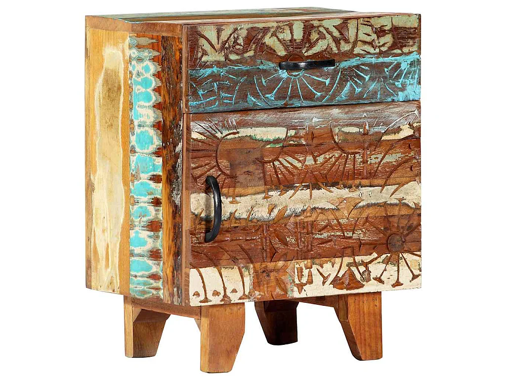 Table de chevet sculptée à la main 40x30x50cm Bois récupération