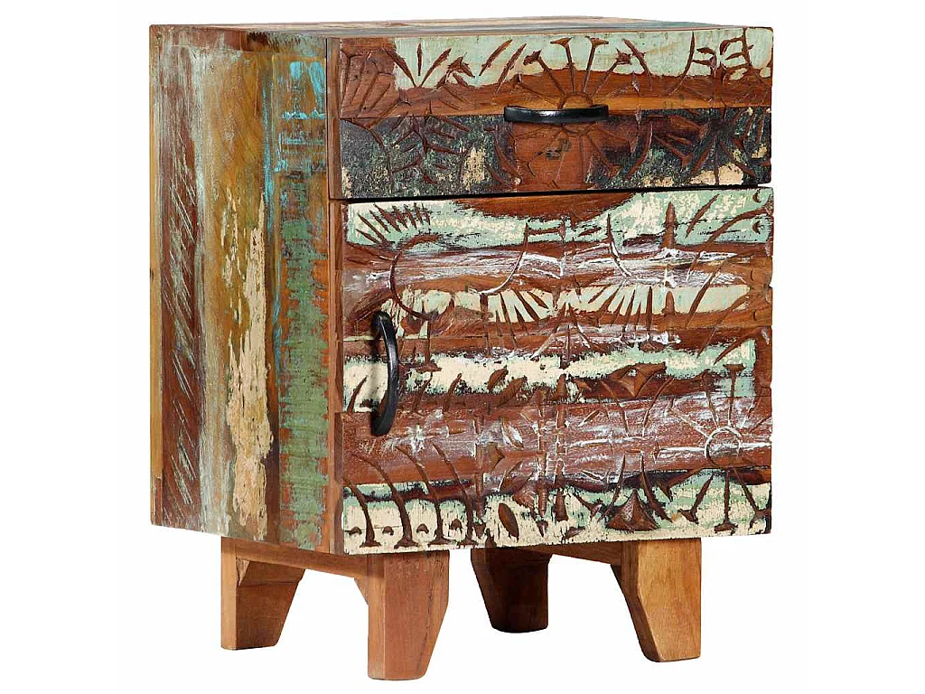Table de chevet sculptée à la main 40x30x50cm Bois récupération
