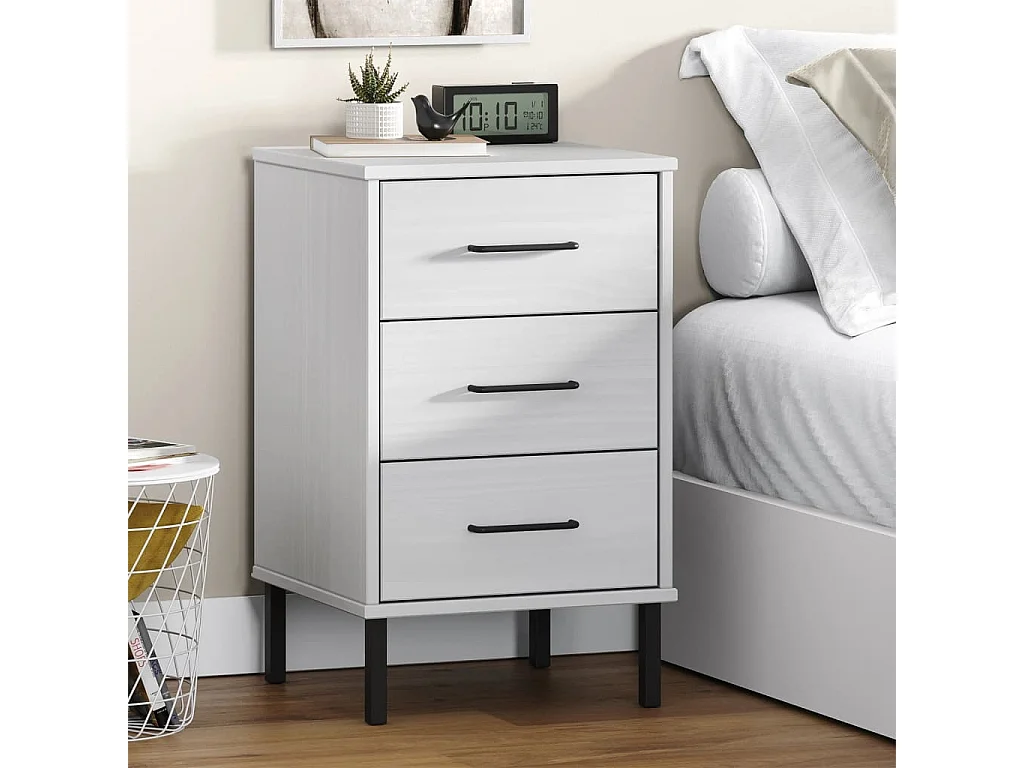 Mesa cabeceira c/ pernas de metal OSLO pinho maciço branco