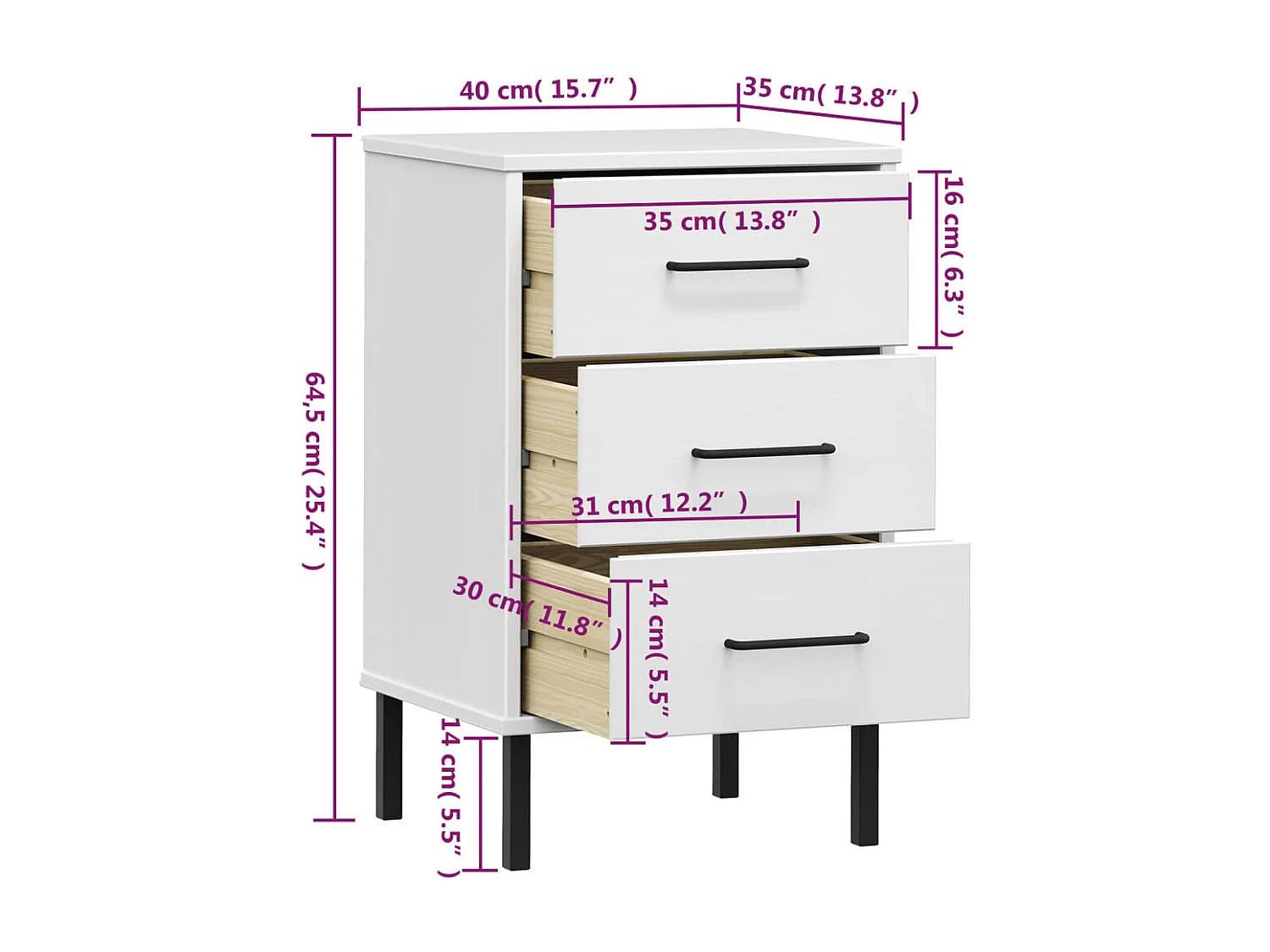 Mesa cabeceira c/ pernas de metal OSLO pinho maciço branco