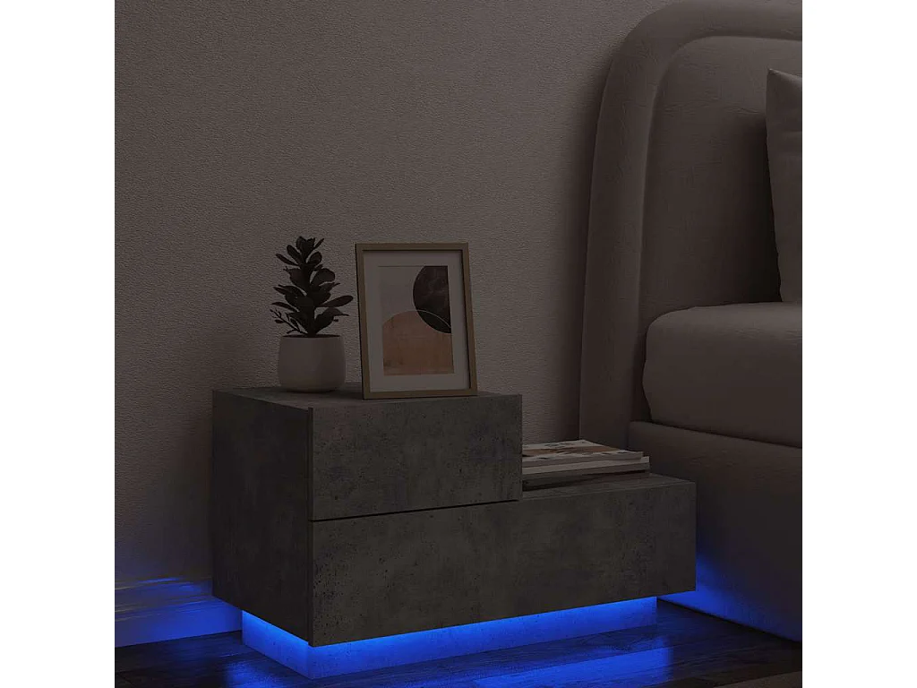 Table de chevet avec lumières LED gris béton 70x36x40,5 cm