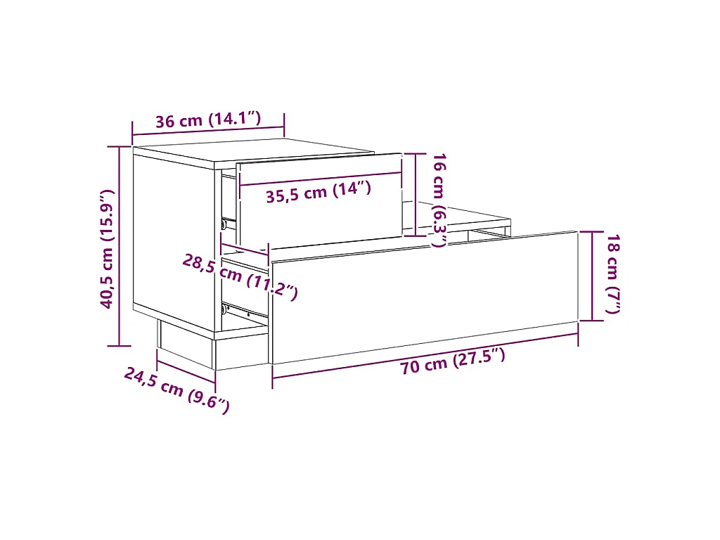 Table de chevet avec lumières LED gris béton 70x36x40,5 cm
