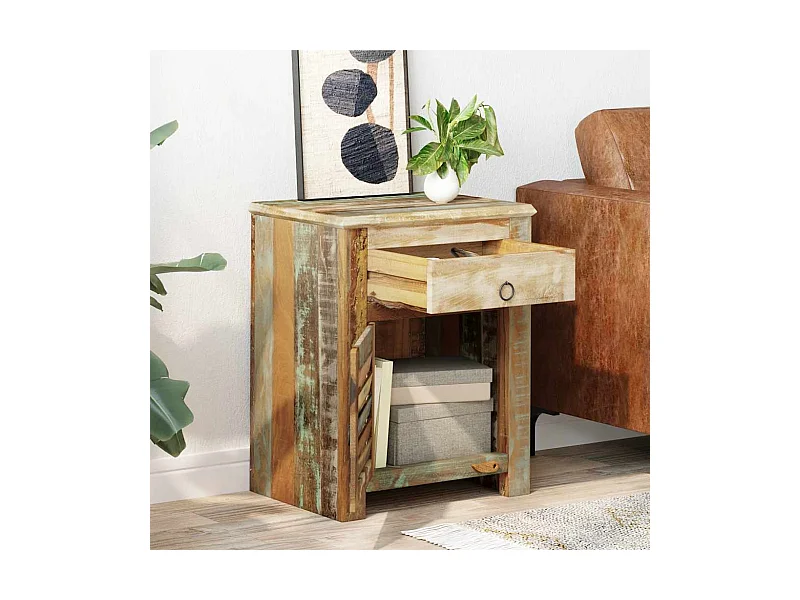 Bijzettafel met 1 lade en 1 deurtje gerecycled hout