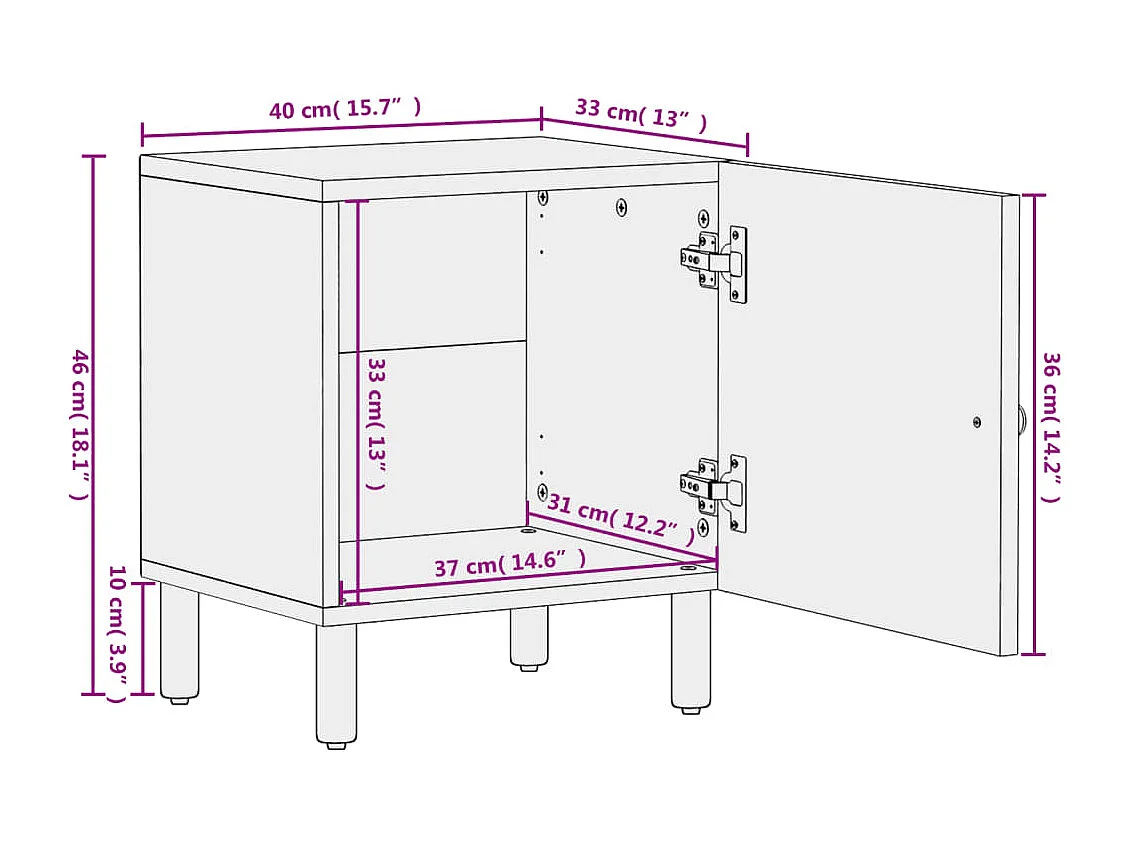 Comodini 2pz Neri 40x33x46 cm in Legno Massello di Mango