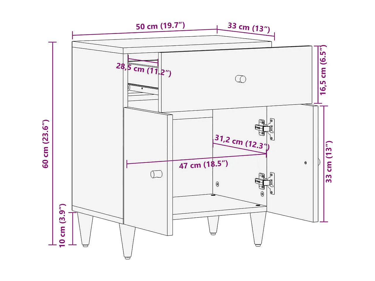 Table de chevet 50x33x60 cm bois de manguier massif