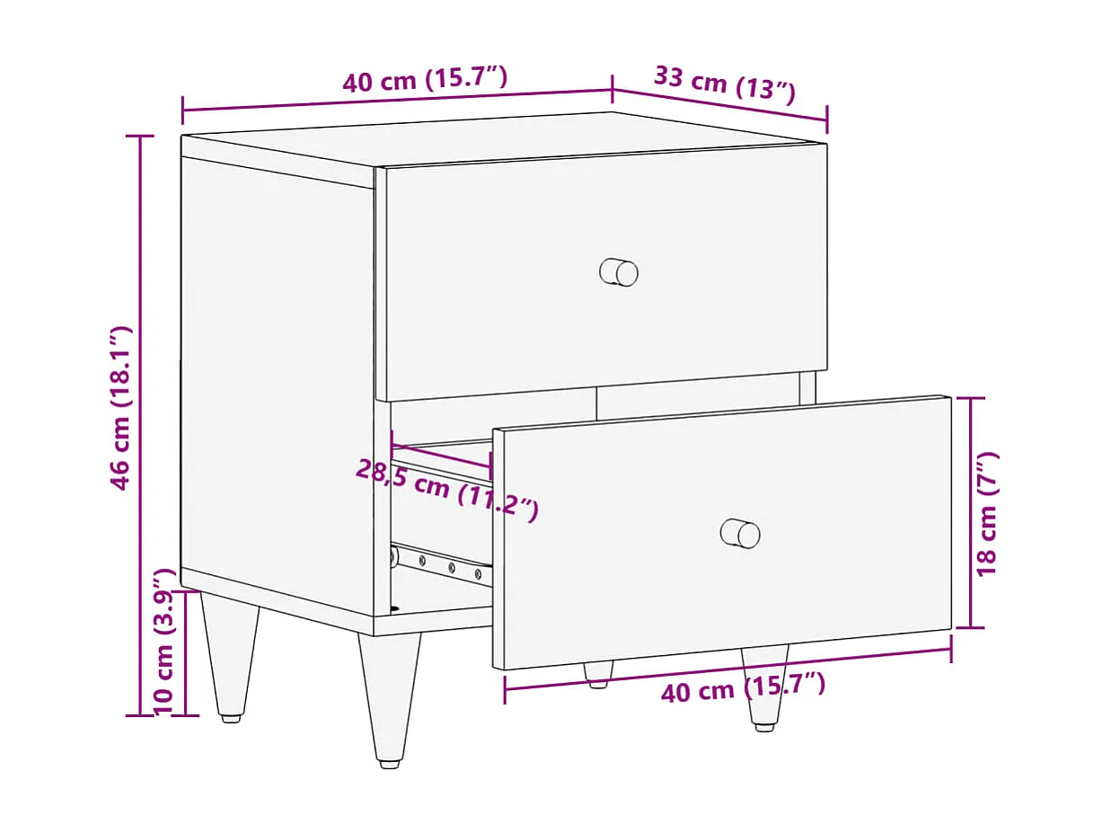 Comodino 40x33x46 cm in Legno Massello di Mango