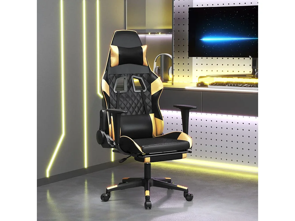 Gaming-Stuhl mit Massage & Fußstütze Schwarz Golden Kunstleder