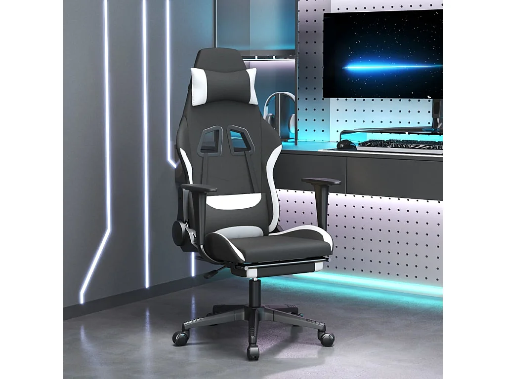 Sedia da Gaming con Poggiapiedi Nero e Bianco in Tessuto