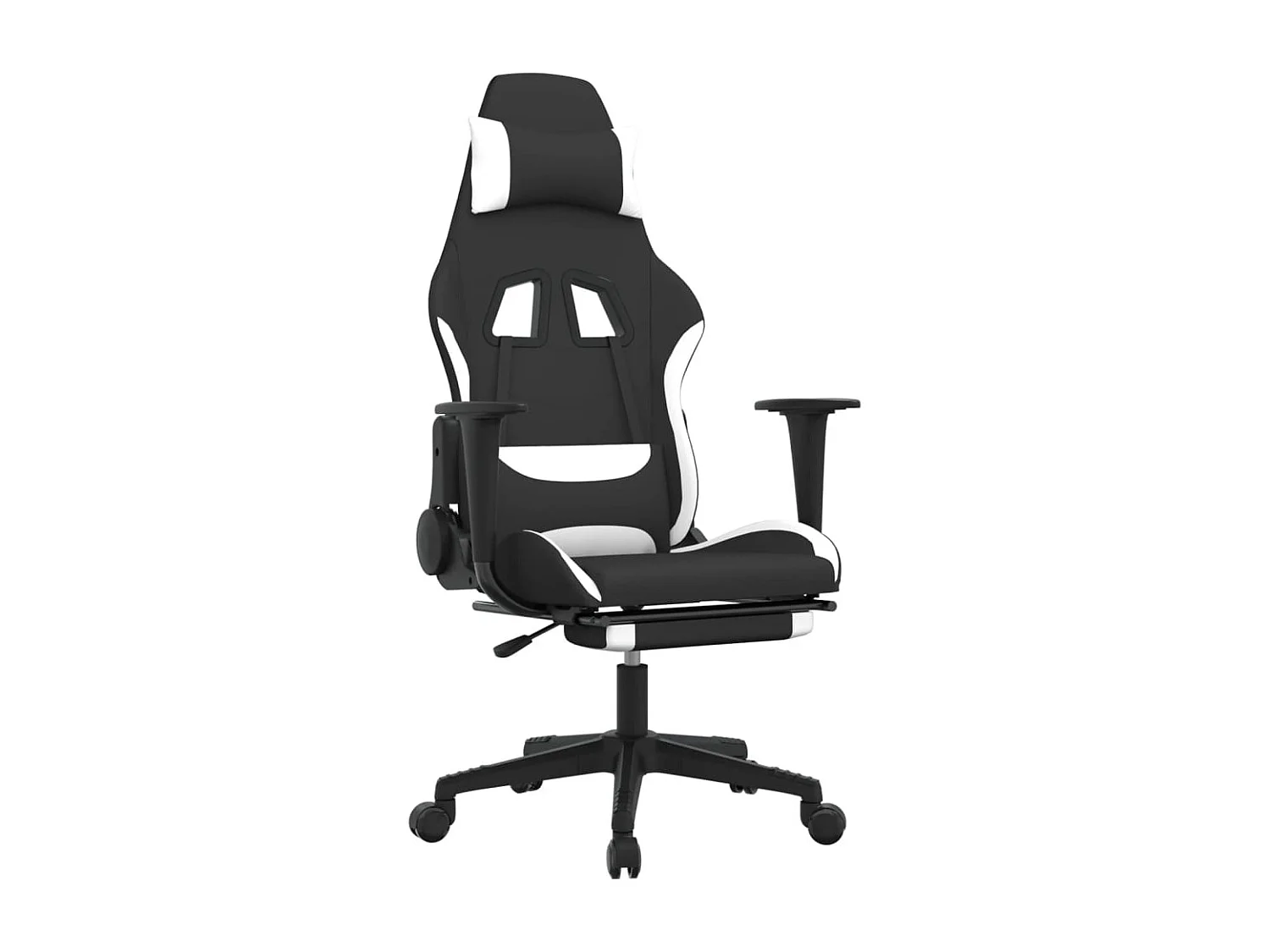 Sedia da Gaming con Poggiapiedi Nero e Bianco in Tessuto