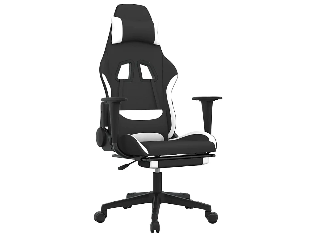 Sedia da Gaming con Poggiapiedi Nero e Bianco in Tessuto