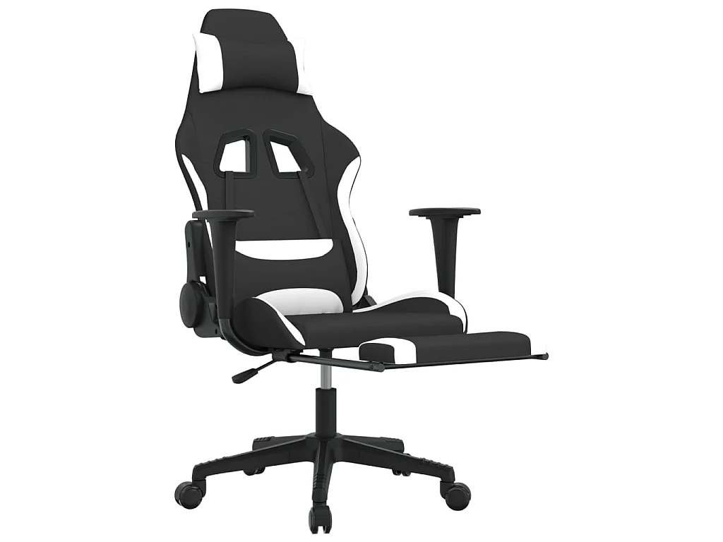 Sedia da Gaming con Poggiapiedi Nero e Bianco in Tessuto